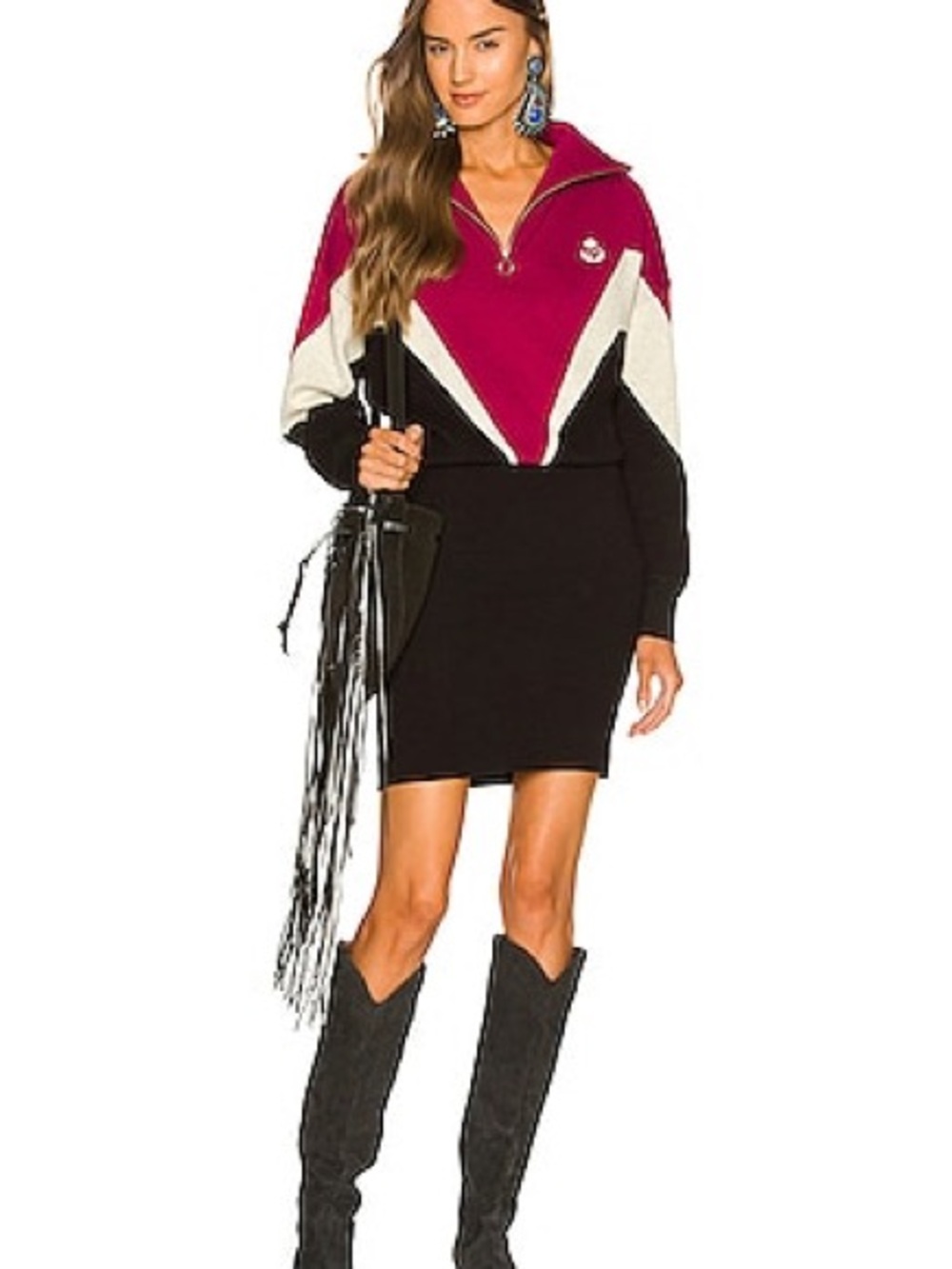 Colorblock Zip-Neck Mini Dress in Burgundy and Black